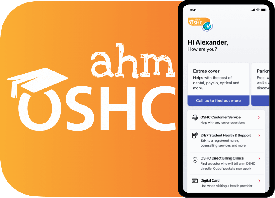 Screenshot of the ahm OSHC app and logo